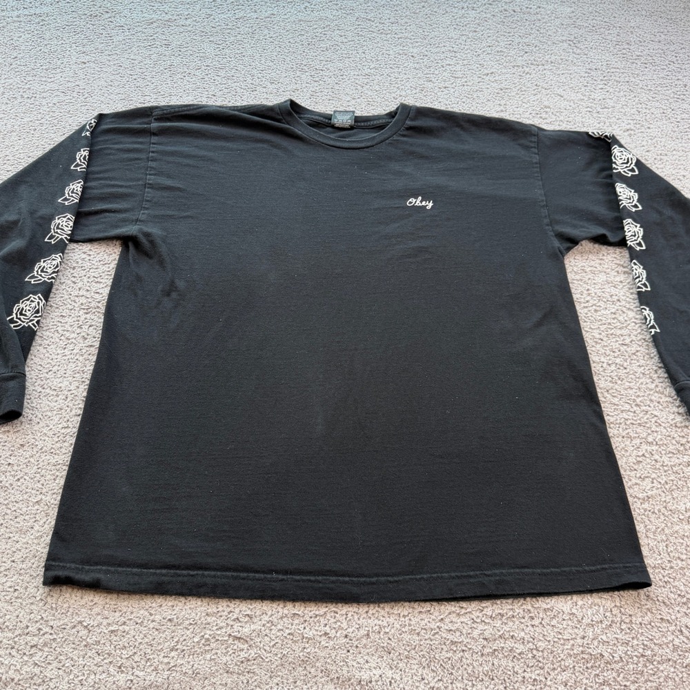 Obey Mens XL Black Long Sleeve Rose Graphic T-Shirt Streetwear Script Logo